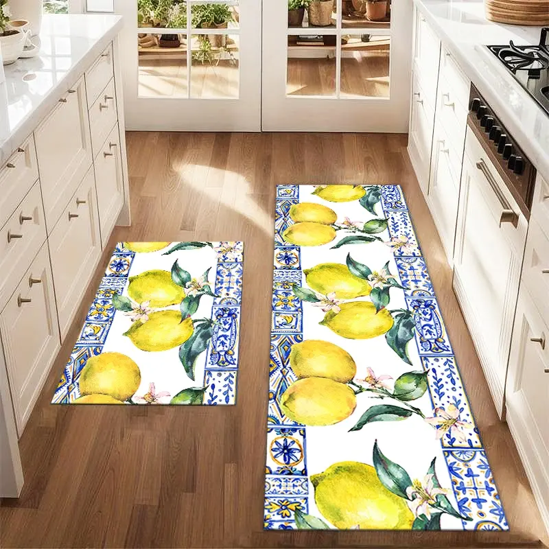 2Pcs Summer Lemon Floor Mat Set Blue Bohemian Geometric Striped Lemon Leaf Printed Carpet Farmhouse Anti Fatigue Kitchen Carpet Non Slip Washable Winter Kitchen Restaurant Floor Laundry Room Decoration Carpet Mat Farmhouse Kitchen Rugs Decorative Rugs