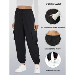 FireSwan Women's Plain Pocket Tie Front Cargo Pants, Fall Cargo Pants Women, Casual High Waist Trousers for Daily Wear, Ladies Bottoms for All Seasons, Summer Outfits Women