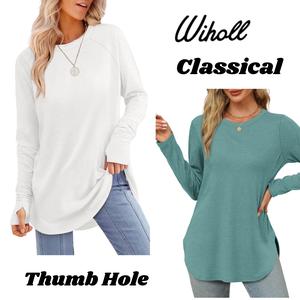 WIHOLL Women's Long Sleeve Tops [2 Versions] | Windproof Thumb Hole VS Classic Minimalist | Curved Hem Loose Fit