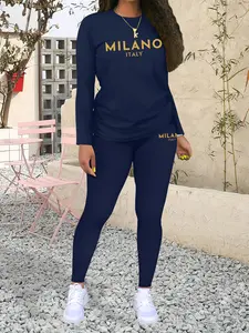 MILANO Letter Print Women's Casual Sportswear Two-Piece Set, Sweatsuit Matching Set, Fashionable Long Sleeve Top & Tight Pants, Fall & Winter