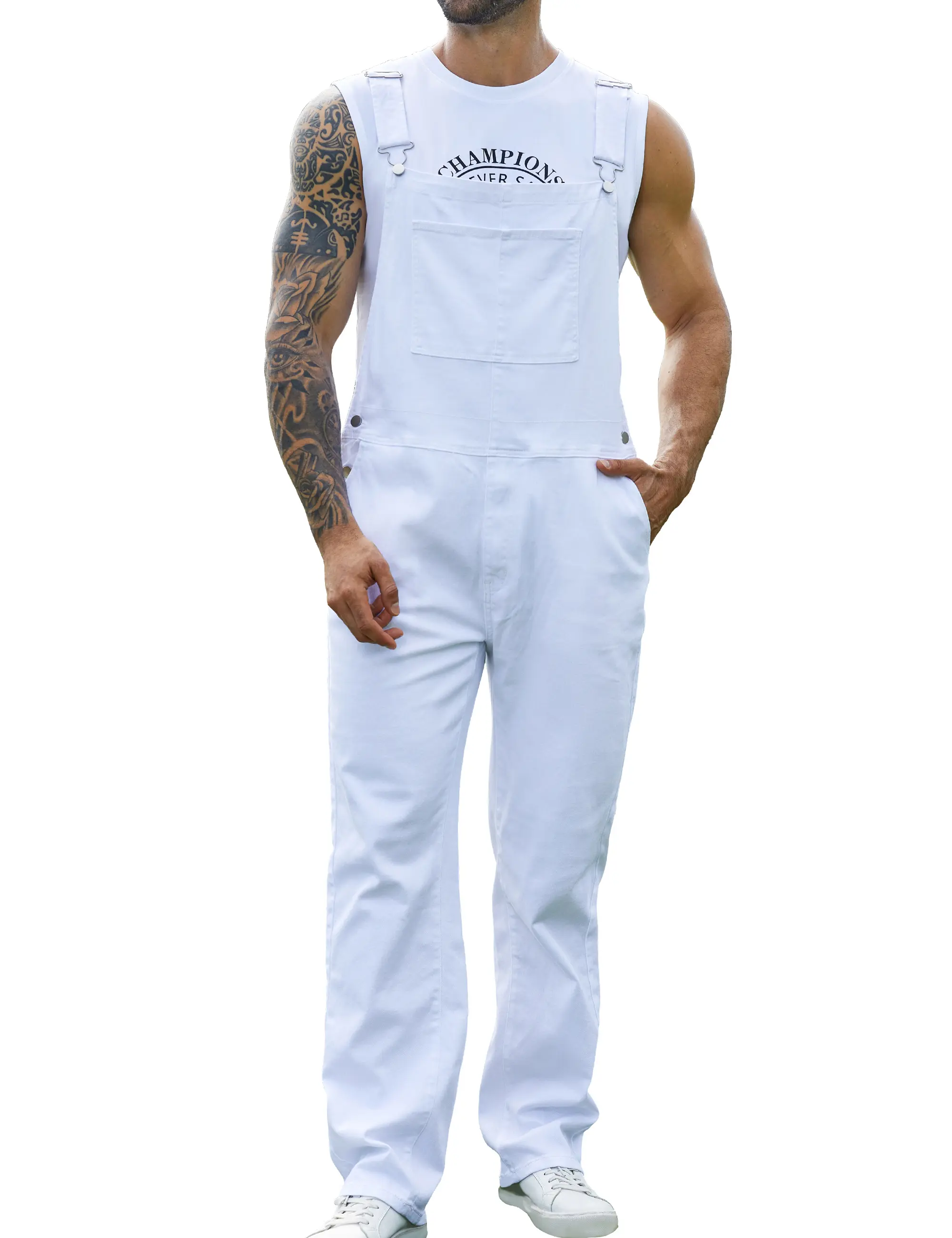 Bindefon Men's Basic Denim Overalls Adjustable Straps Jumpsuit Fall Winter Fashion Comfort Sleeveless Pocket Menswear Bibs Workwear Coveralls with Zipper Solid Color Strappy One-Piece Outfits - Motorcycle Pants