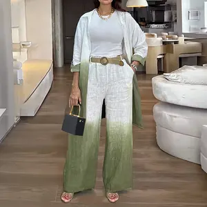 ChicMe 2026 Women's 2 Pieces Outfit Ombre Print Long Sleeve Blouse and Casual High Waist Wide Leg Pants Set/High-Waisted Lounge Outfit (Without Belt)