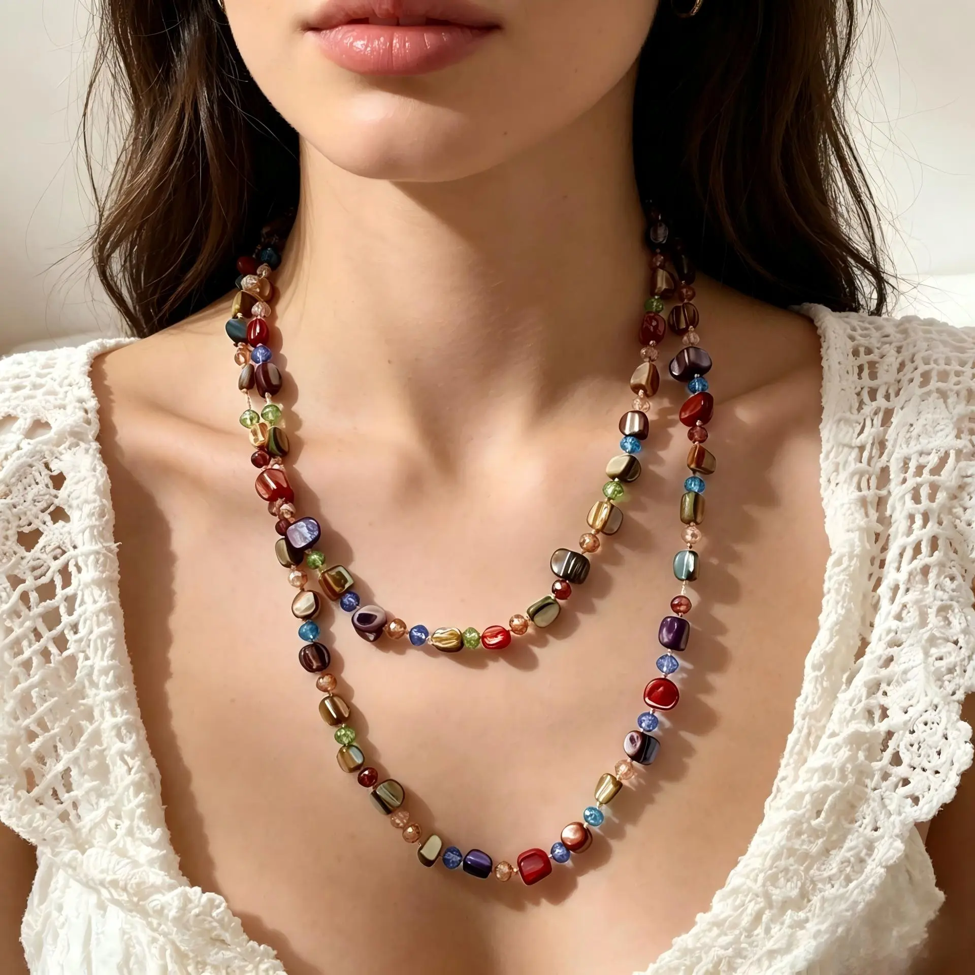 Multicolor Beaded Necklace for Women – Glass Shell Bead Strand Necklace, Vintage Bohemian Long Necklace, Colorful Artisan Gift for Daily Wear Party