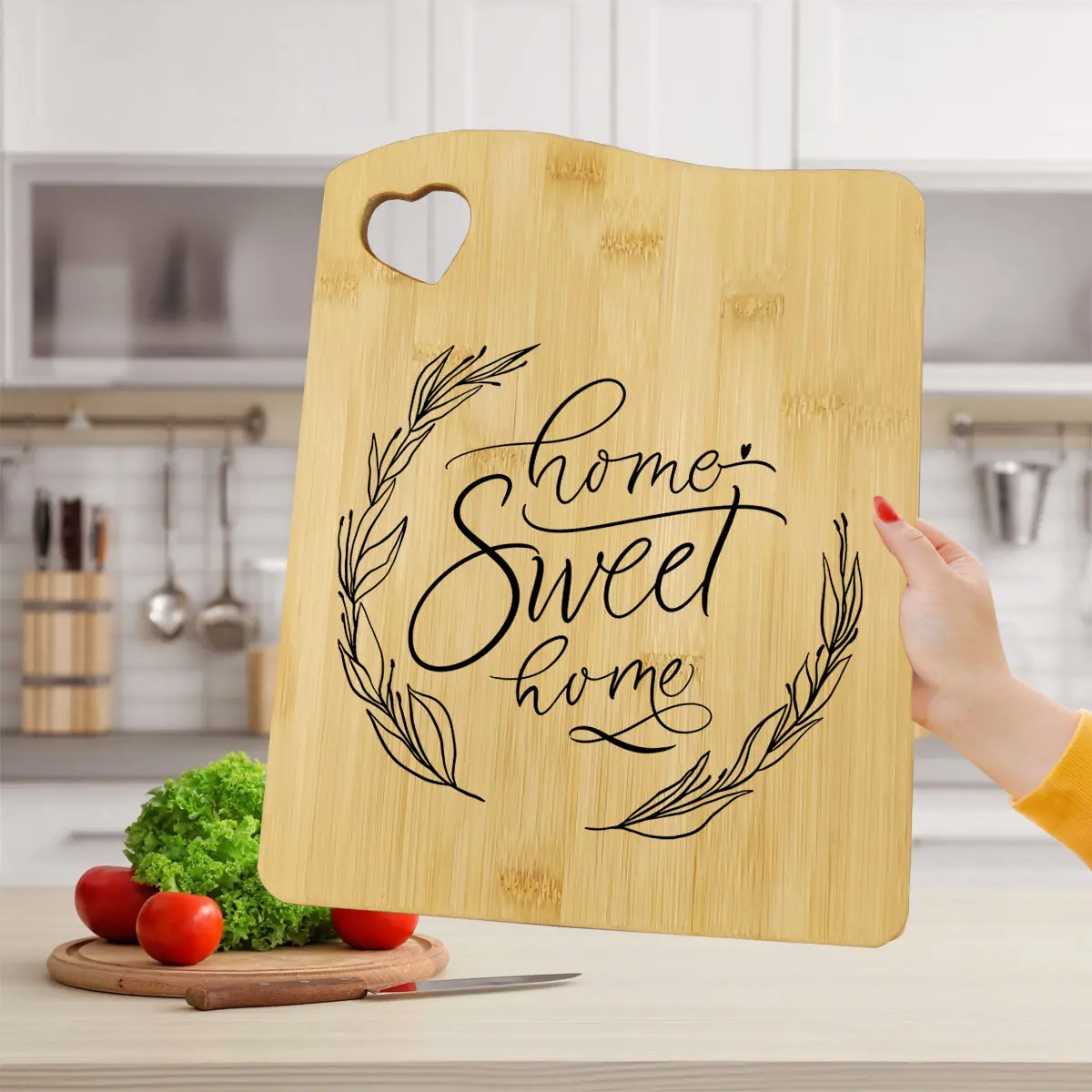1 PC sweet home cutting board, artistic quote cutting board, simple bamboo cutting board, love handheld, kitchen goodies, gifts for father and mother, gifts for girlfriend and boyfriend