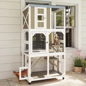 63.4"H Mobile Wooden Catio Outdoor Cat Enclosure with Lockable Wheels, Weatherproof UV Waterproof Roof, Multi Platforms Sisal Scratching Post, Detachable Connect Window for Cat Tunnel, 4 Access Doors Secure Large Cat House for Multiple Cats