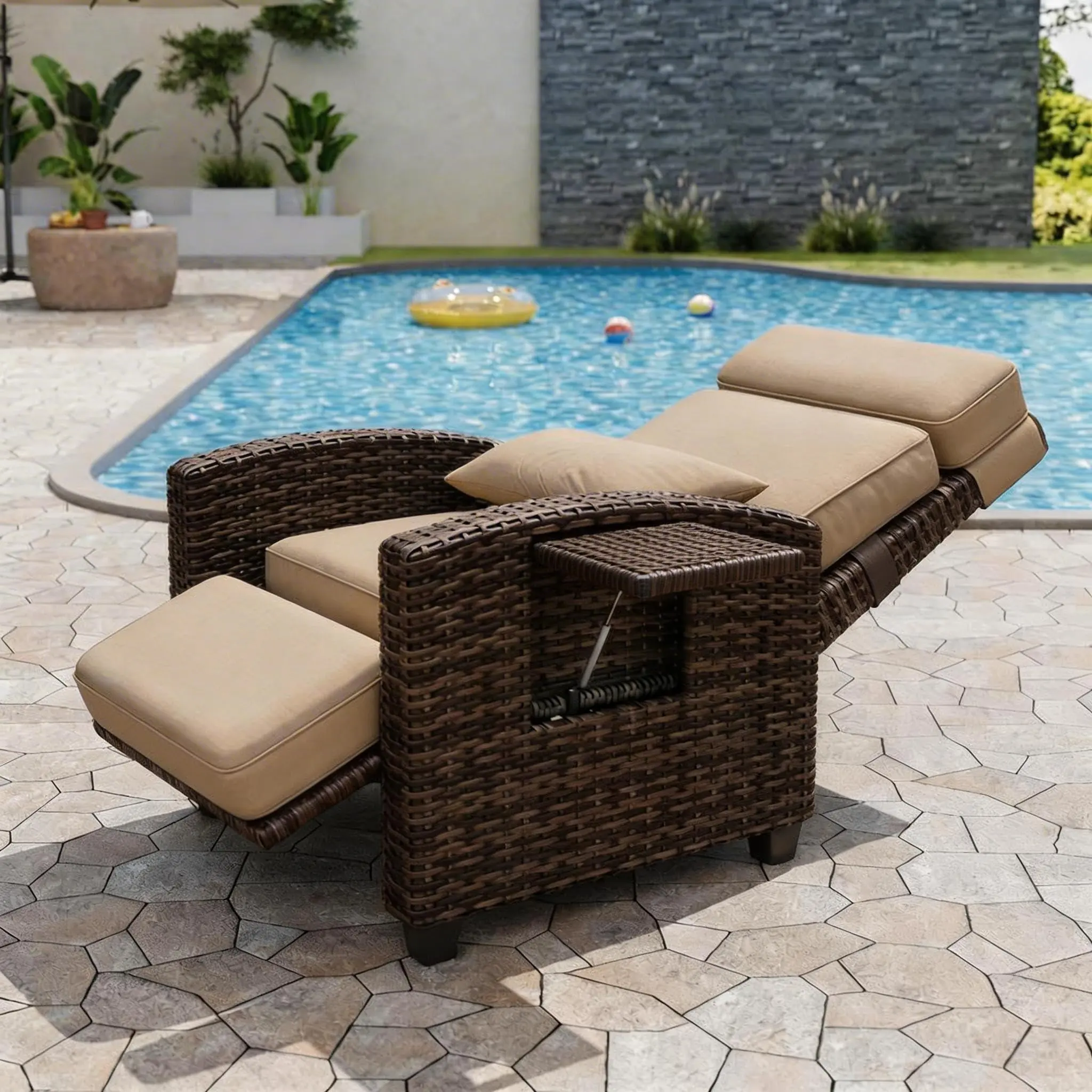 Outdoor Reclining Chair, Patio Reclining Chairs with Adjustable Backrest and Footrest, 150° Lay Flat Rattan Reclining Chairs with Flip-Up Table and Removable Cushion, Brown/Khaki, Set of 1