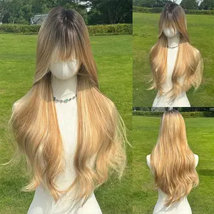 SMILCO/28Inch Ombre Brown Ash Golden Long Curly with Bangs Synthetic Wig/SM506