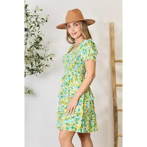 Devine Smocked Scoop Neck Flounce Sleeve Mini Dress Short Casual Floral Womenswear