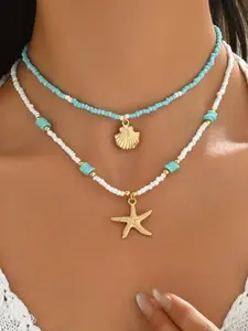 Boho Ocean Theme Jewelry Set for Women, Turquoise Blue Pendant Necklace & Starfish Bracelet, Handmade Alloy, Perfect for Beach Weddings, Daily Wear