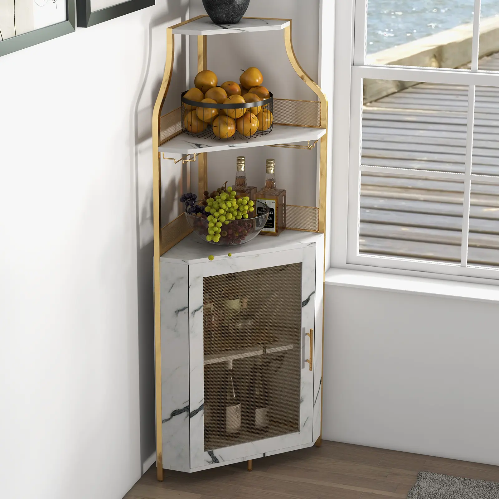 Industrial Corner Cabinet - 5-Layer Home Bar Furniture with 5-Tier Wine Storage, Removable Glass Rack, Mesh Door, Adjustable Shelves, Glass Holder, MDF Board, Anti-Rust Build, Built-in LED Lights for Dining Room, Home Bar