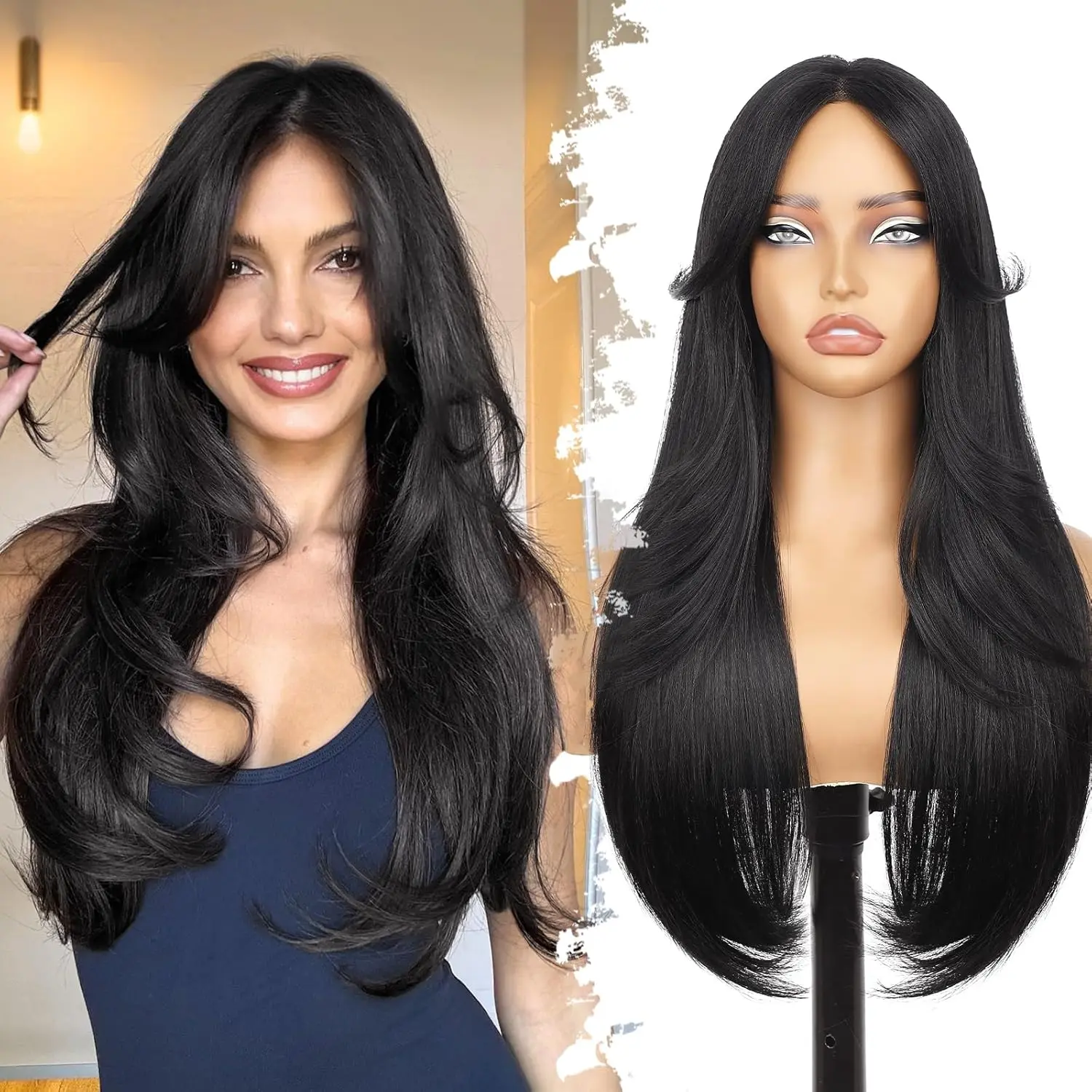 [ kookastyle ]Natural Black Glueless Wigs for Women Pre Cut Synthetic Lace Hairline Long Layered Straight Hairstyle 26 Inch