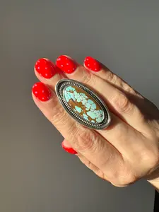 Turquoise Surfboard Ring in Sterling Silver | Decorative Sterling Border — Ready to Ship, One of a Kind