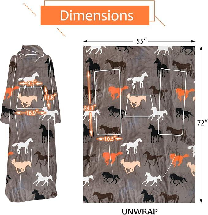 Wearable Horse Pattern Blanket with Sleeves, Super Soft Warm Snuggy Body TV Throw Blanket for Home Office Lounge, Horse Gift for Adult Women Men