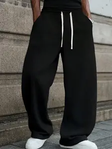 Men's Fleece Lined Casual Straight Leg Pants, Plain Basic Fashion High Street Jogger Pants, Rivet Decoration, Cold Weather Daily Wear, Streetwear, Casual Sports Trousers