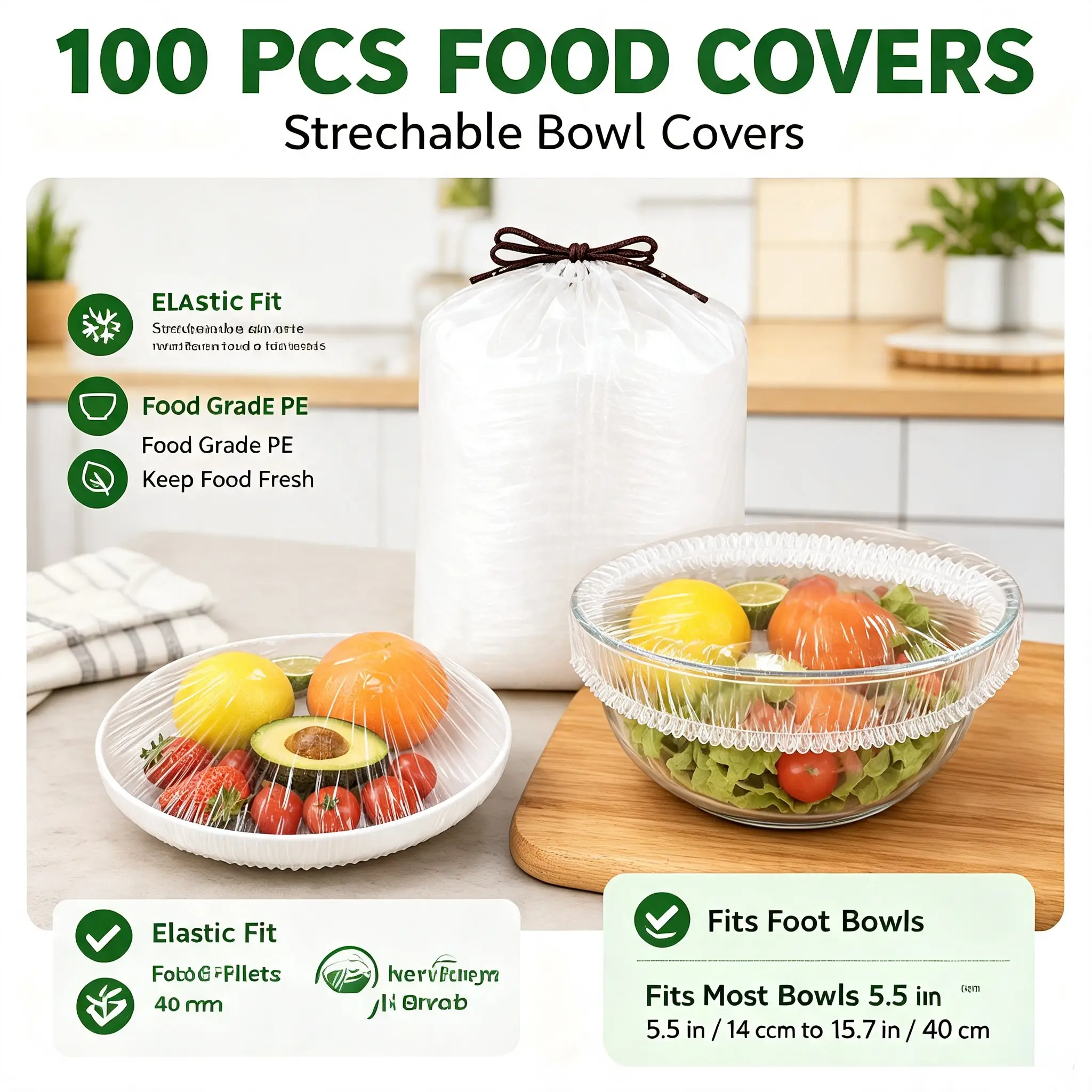 100PCS PE Material Disposable Stretch Food Covers, Elastic Stretch Cover Fits Bowls & Plates, Plastic Wrap Alternative for Fresh Keep & Food Storage
