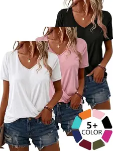 2026 Spring/Summer Bestseller: Basic Solid Color Casual Women V-neck T-shirt with Elegant Twist Hem and Short Sleeves Lady