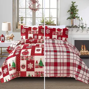 Christmas Bedspread Quilt Sets  Size - Reversible Christmas Tree Snowflake Red Plaid  Year Winter Holiday Coverlet Bed Set Xmas Bedding Sets Bedroom Decor