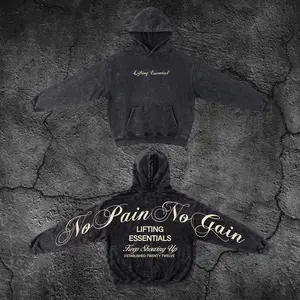 No Pain No Gain Oversized Gym Washed Hoodie, Gym Apparel, Workout Wear, Training Men's Top, Aesthetic Shirt, Discipline, Strength, Focus