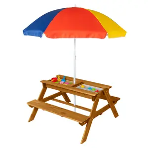 JOYMOR 4-in-1 Kids Picnic Table w/2 Sensory Bins, Cedar Wooden Sand & Water Table with Height Adjustable Umbrella, Wooden Kids Outdoor Picnic Tables for Garden, Backyard, Patio Furniture(Natural)