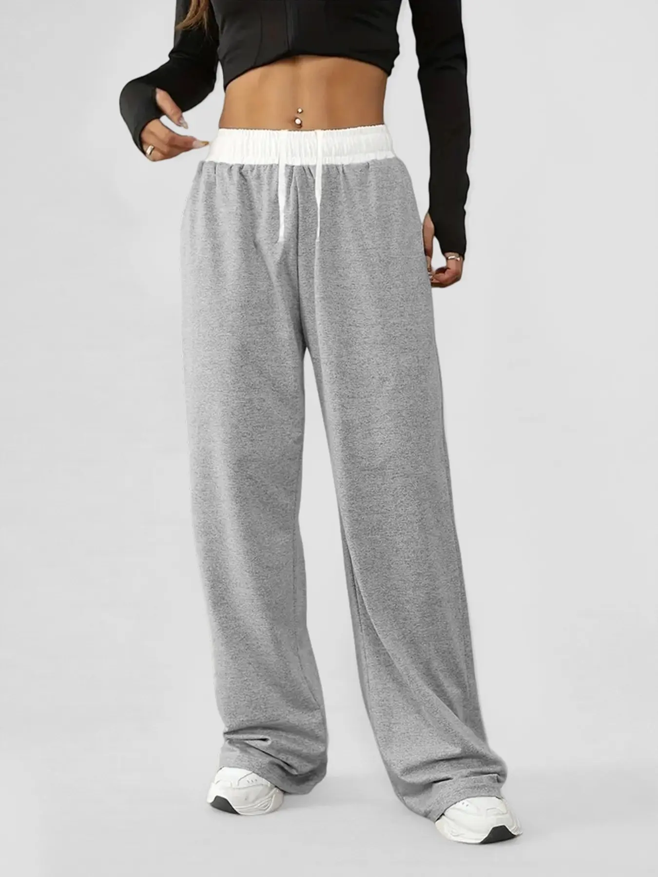 Women's sports pants, high waist contrast color design, comfortable and stylish loose wide-leg casual pants, suitable for sports and daily wear, High Waisted Sweatpants, Athleisure Bottoms, Colorblock Sweatpants