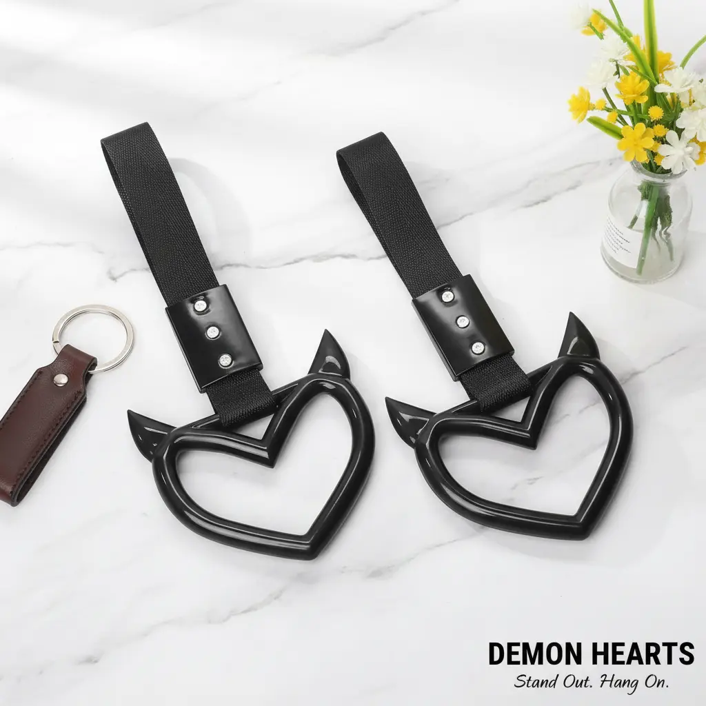 2-Piece JDM Devil Heart Drift Charms, Black Heart-Shaped Tsurikawa Handle Straps, Car Interior Accessory for Car Decoration