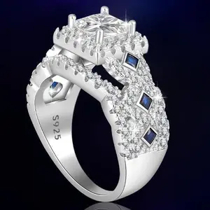 3CT Princess Cut Halo Ring with Blue Gems Band, S925 Sterling Silver Jewelry Ring with 5A Cubic Zirconia, Engagment Ring for Women, Bridal Ring & Vintage Anniversary Wedding Gift for Her