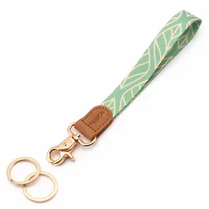 Leaves Wrist Lanyard Keychain Holder for Women Floral Pattern Mint Blue Fabric Strap High-Quality Leather Metal Buckle Clips 2 Key Rings