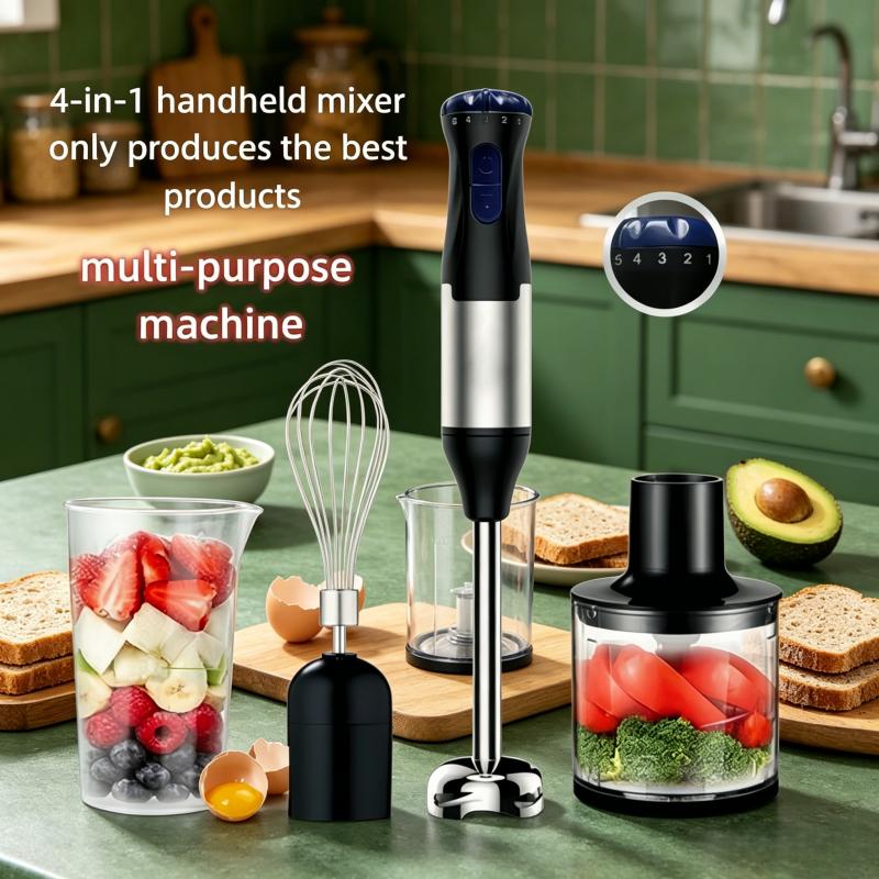 Electric immersion handheld mixer, portable stick mixer with 5 mixing speeds, and a meat grinder with stainless steel blades, suitable for meat, vegetables, fruits, and baby food