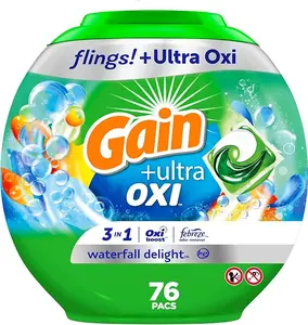 Gain Flings Ultra Oxi Laundry Detergent Pacs 3-in-1 HE Compatible Waterfall Delight Scent 76 Count USA Made with Oxi Boost & Febreze
