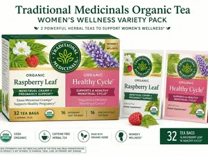 Traditional Medicinals Women's Wellness Organic Herbal Tea Variety Pack, 32 Tea Bags (16 Raspberry Leaf + 16 Healthy Cycle), Caffeine-Free, USDA Organic