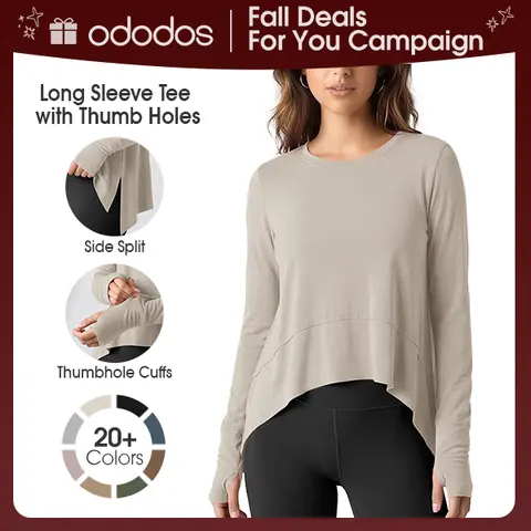 ODODOS Women's Long Sleeve Thumb Hole Crop Top - Quick-Dressing Slip-On Pullover, Long Sleeve Tops Women, Running, Gym, Travel Essentials Sportswear