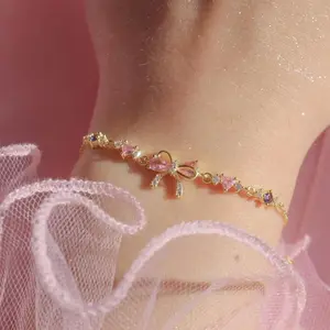 Bow Zircon Bracelet for Women, Gold/Silver Plated Adjustable Ribbon Bow Bracelet, Trendy Pink Bowkot Chain Jewelry for Friends