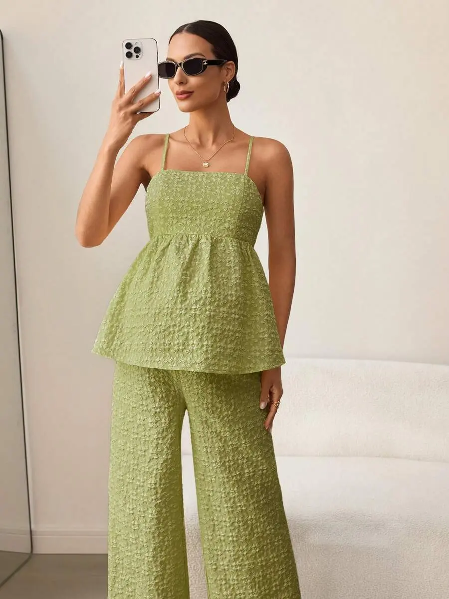 LAFERLIN 2pcs Maternity Elegant Jacquard Camisole & Pants Set, Summer