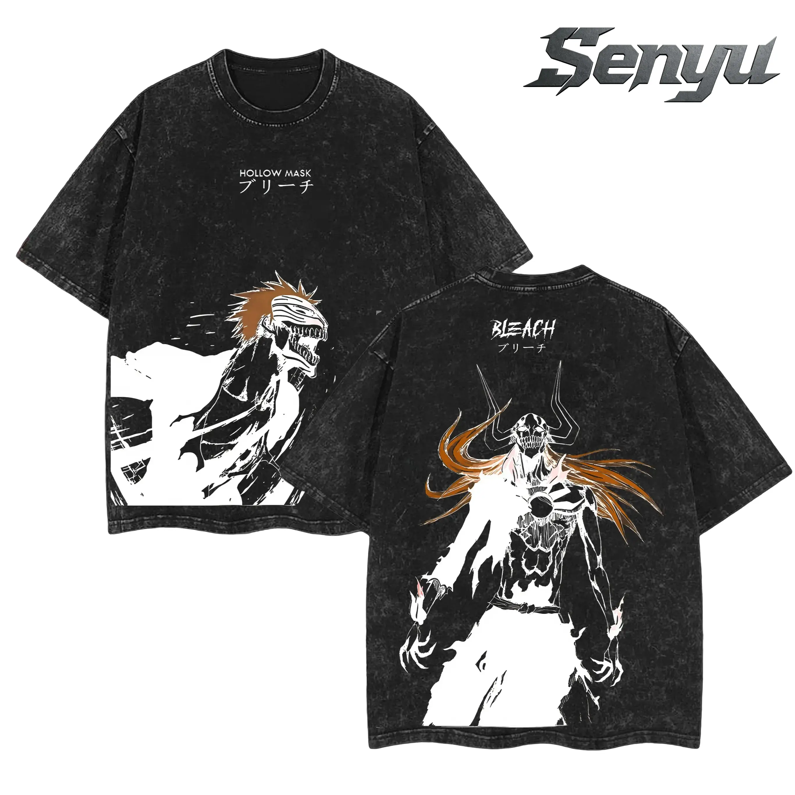 Men's Ichigo "Hollow Mark" Bleach Washed Tee - Double Printed Vintage Oversize Heavy Cotton Manga Unisex Streetwear Crewneck, Gift for Anime Fans, Stylish Casual Top T-Shirt Tropical Oversized Tshirt Menswear Black Short Sleeve