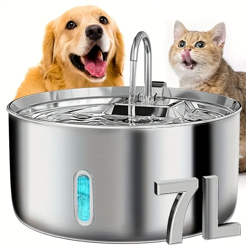 236oz/7L/1, 8gal Stainless Steel Dog Water Fountain, Automatic Pet Fountain Cat Water Dispenser With Replacement Filters For Cats, Dogs, Multiple Pets, USB Powered Dog Water Fountain With Water Level Window, (FT007 Model), Without Battery