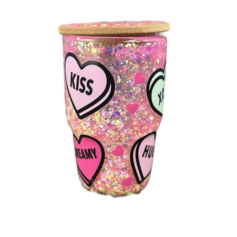 Lover's 3 oz Shot Glass with Glittery Pink Design and Heart-Shaped "KISS" Text