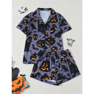 Halloween Bat, Skull, Pumpkin Ghost: Short-sleeve Collared Top + Elastic Shorts. Comfortable, fitting daily with festive charm. Soft fabric + fun prints, festive and cozy - Euro-style cool loungewear/pajamas for outdoor wear Nightwear Womenswear