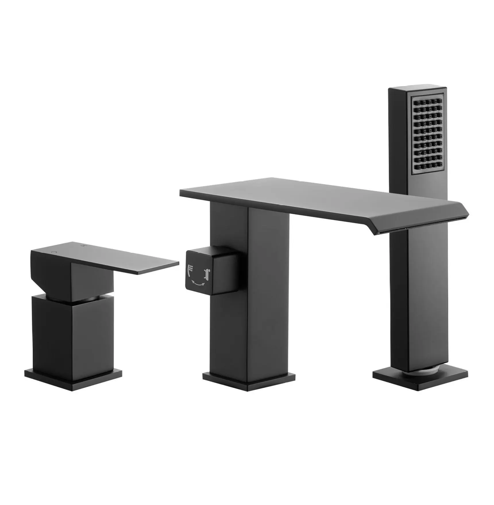 Roman Tub Faucet 3 Hole, Waterfall Bathtub Faucet with Shower, Matte Black Tub Faucets Set, Deck Mount for Pet & Baby, High Flow Tub Spout Wide Right-Angle Waterfall