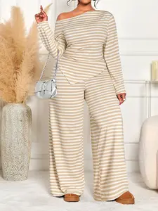 Plus Size Elegant Casual Striped Women's Two-Piece Set, High Waist Long Pants and Asymmetric Hem Top, Plus Size Fashion for All Seasons