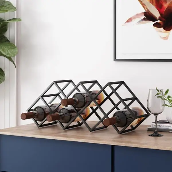 Gusto Nostro Countertop Metal Wine Rack Decor Ornament, 2-Tier Freestanding Tabletop Wine Holder Stand Holds Up To 7 Bottles, No Assembly Required Modern Black Small Metal Home Decor Wine Storage Organizer for Kitchen Cabinet, Pantry, Bar & Wine Cellar