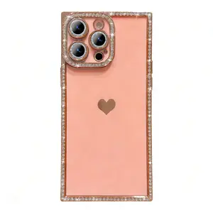 Luxury Rhinestone Square Edge Phone Case, Bling Diamond Full Camera Protection Shockproof Cover with Heart Design for IP 16 Pro max, 15 plus, 14, 13 junk