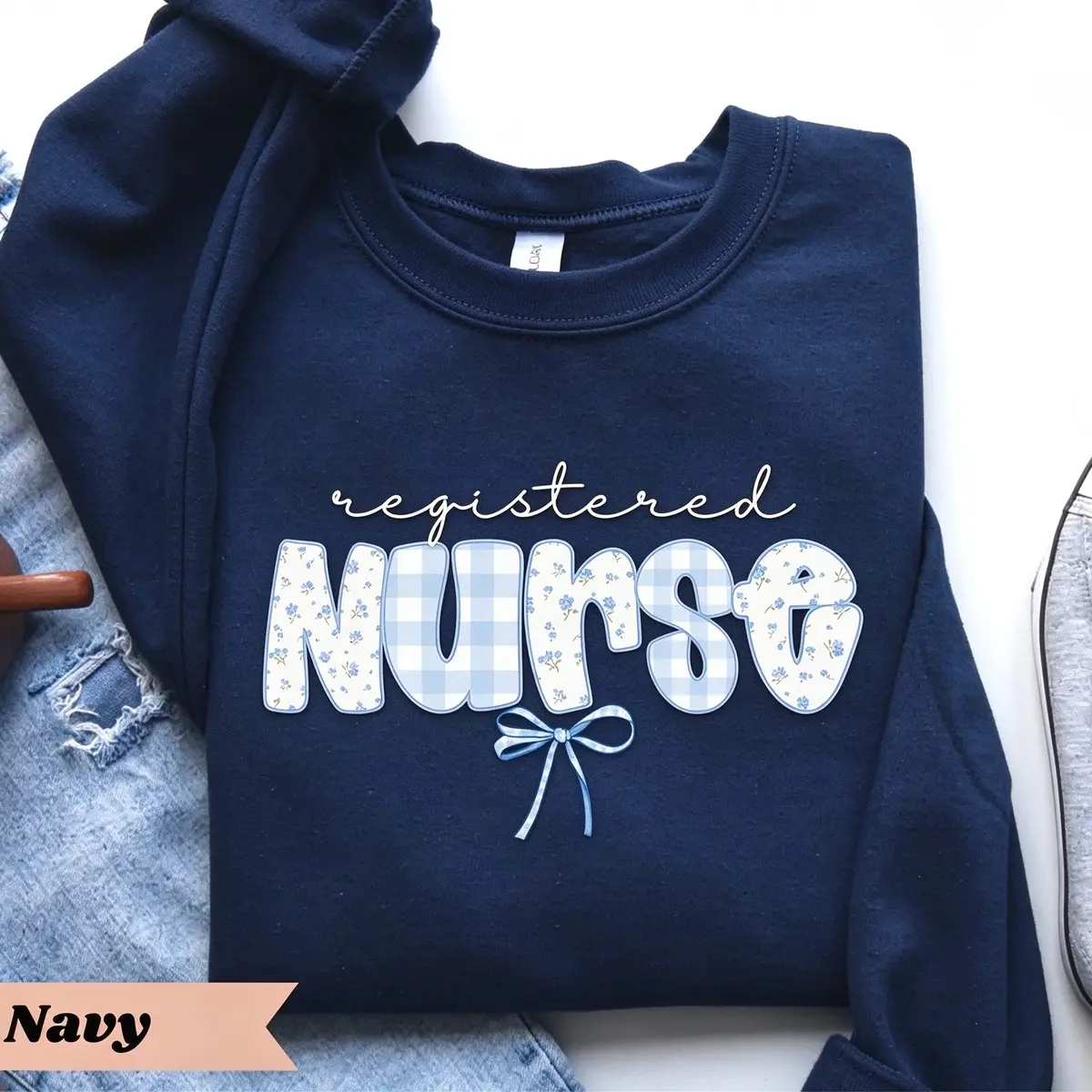 Women's Casual Navy Floral Print RN Shirt - Crewneck Sweatshirt, Fall Top, RN Graduation Gift, Nurses Week Present