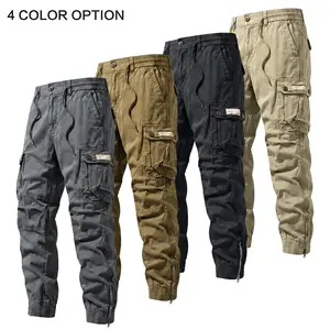 Men’s tactical cargo pants, 100% cotton with multiple pockets; durable work pants for outdoor tasks, hiking, and spring/autumn activities; adjustable waistband suitable for outdoor construction, hiking, and mountaineering.