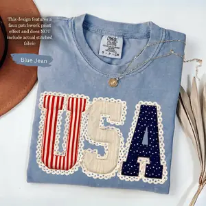 (FAUX PATCHWORK-PRINT) Comfort Colors Coquette Bow USA Shirt, Faux Patchwork Lace Tee, Digital Print Shirt, 4th of July American Flag T-Shirt Print Tee- HARSIN