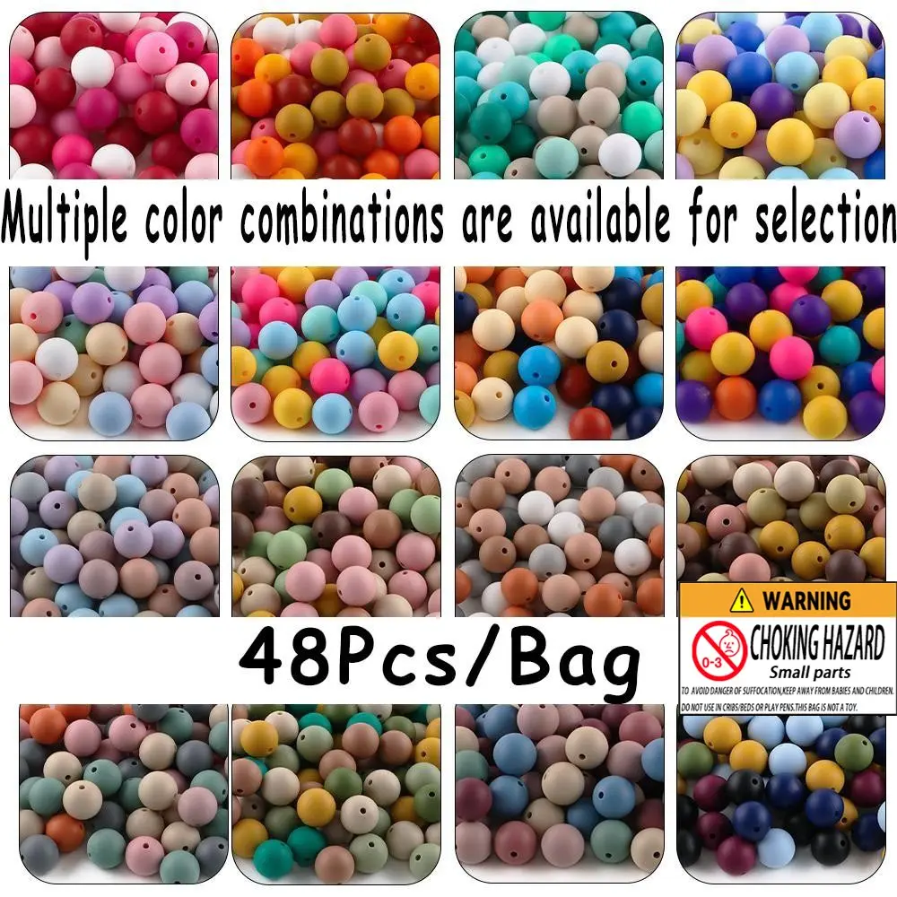 48pcs silicone solid color round beads Seed Beads Craft Beads Bead Assortment in 6 color combinations suitable for DIY bead pens, pendants, keychains, bracelets, necklaces, etc Bead Set Interchangeable Beads Beads For Crafts Beads For Jewelry Making