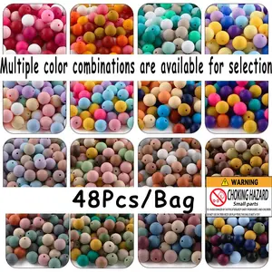 48pcs silicone solid color round beads Bead Assortment in 6 color combinations suitable for DIY bead pens, pendants, keychains, bracelets, necklaces, etc