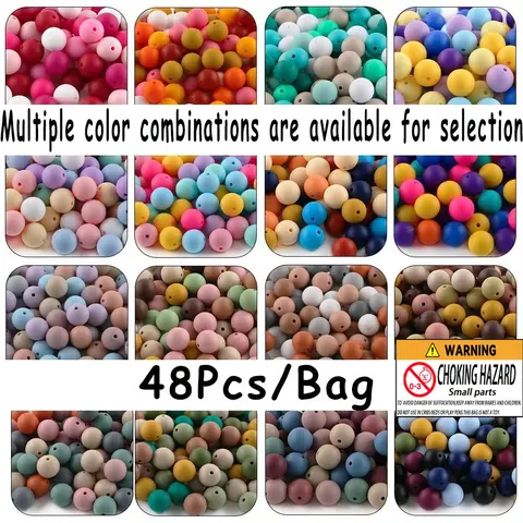 48pcs Silicone Solid Color Round Beads, Seed Craft Beads Assortment in 6 Color Combinations, Suitable for DIY Bead Pens, Pendants, Keychains and Bracelets, Interchangeable Bead Set for Crafts and Jewelry Making, Crafting Beads