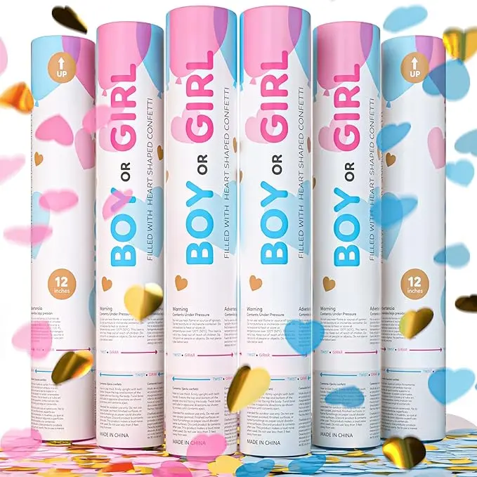 Gender Reveal Confetti Cannon – Gold Heart, 3 Blue & 3 Pink Poppers | Baby Shower Reveal