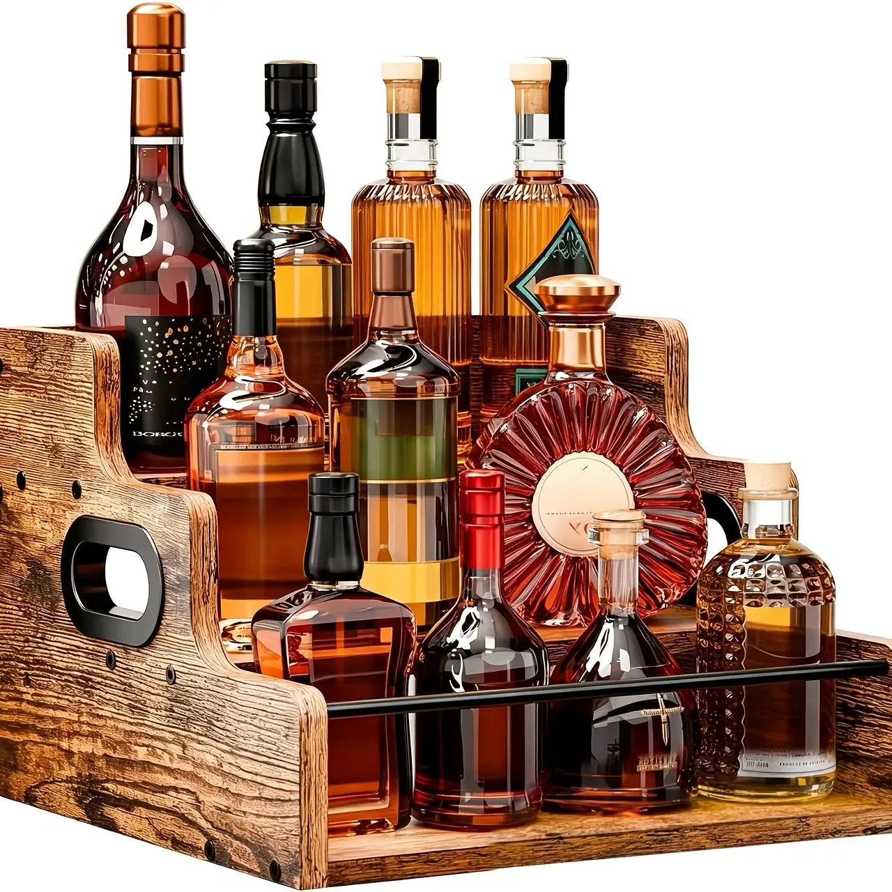 Rustic Wood Cupboard - Durable 3-Tier Solid Wood Countertop Storage Organizer, Assembly Required, Modern Storage Cabinet with Display Line for Wine Bottles, Coffee Syrup, Whiskey, Spirits, Seasonings (Bar, Home Bar Use), Wine Bottle Display Rack