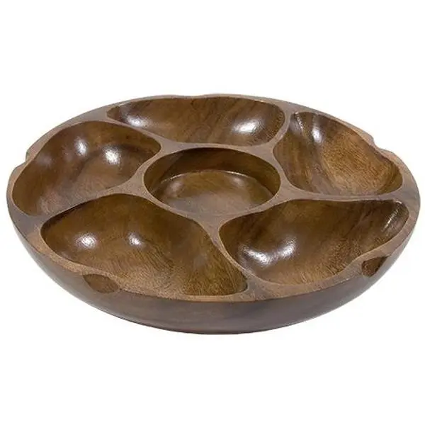 Town Food Service 51305 Wooden 5-Compartment Pu-Pu Platter with Revolving Base, 12in Diameter, 3in Height, Center Hibachi, Large Party Serving Kitchenware Display Tray Plates